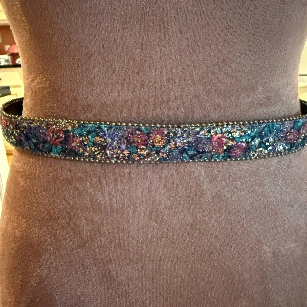 Floral Patterned Glitter Sparkle Belt with Gold Buckle Jewel tone